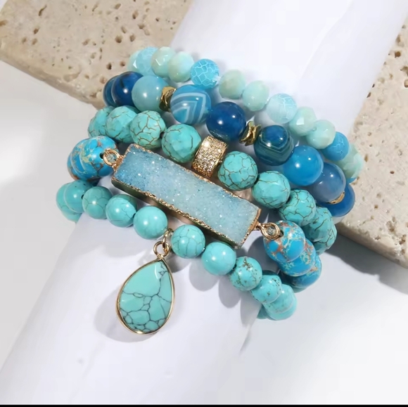 Bohemian Blue Ocean Women's bracelet 5pcs Natural Stone Glass Handmade Beaded - Picture 2 of 15